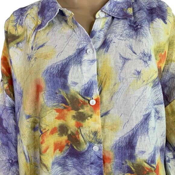 Go Silk Women 2X Beach Blouse Boho Tropical Altered Short Sleeve Linen Button Up - Picture 3 of 13